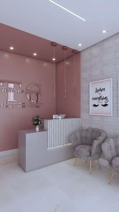 the interior of a nail salon with pink walls