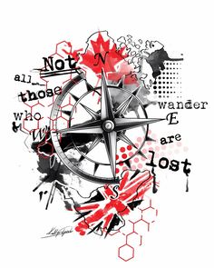 an image of a compass with red and black ink on the bottom, and words below it