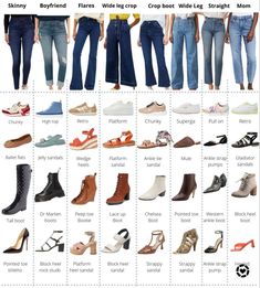 Infographic of which shoes to wear with different jeans Jeans Outfit Fall, Fashion Terms, Fashion Capsule Wardrobe, Trip Essentials, Essentials List, Fashion Vocabulary, Women Travel, Fashion Capsule, Fashion Hacks Clothes