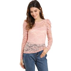 Add some romance to your look with this sheer lace top. The slightly stretchy fabric creates a breezy, textural base for this lace top, which is accented with long sleeves for a feminine dimension. A cami top should be worn, which is not included in this garment. This sheer top has a feminine design of floral lace and long puff sleeves. A semi-sheer top features an allover floral lace design, a round neck, and long sleeves. Great for simple but trendy pants or skirts. Stretch Lace Mesh Top, Lace Tops With Lace Work For Spring, Feminine Crochet Lace Top, Fitted Pink Top With Delicate Lace, Fitted Pink Delicate Lace Top, Lace Patchwork Blouse For Spring, Spring Lace Blouse With Lace Patchwork, Lace Tops With Crew Neck And Lace Sleeves, Lace Top With Lace Sleeves And Crew Neck