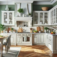 a kitchen with green walls and white cabinets, wood flooring on the wooden floors