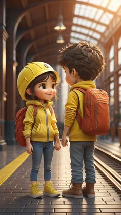 two children in yellow jackets and backpacks standing next to each other on train tracks