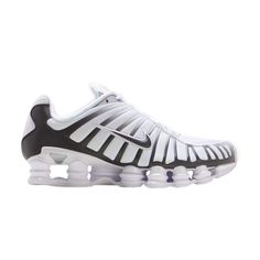 The Nike Shox TL brings back the 2003 runner in recrafted form. It features a breathable mesh upper with radiating overlays treated to a gradient silver-black finish and a reflective coating applied to the heel. The heel sits atop a TPU plate for added lateral stability and support. The cushioning system is made up of a series of Nike Shox columns that deliver enhanced impact absorption and the sneaker’s unique look. These are athletic sneakers. Nike Shox Tl White, Nike Shox Tl, Nike Shox, White Mesh, Platinum, Top Brands, Great Deals, Bring It On, Nike