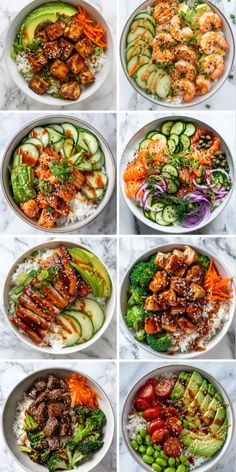 six pictures of different types of food in bowls on top of each other, including vegetables and meat