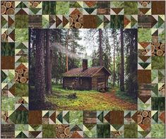 a log cabin in the woods surrounded by trees and logs with a green patchwork border