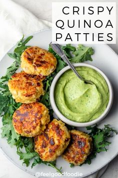 crispy quinoa patties with guacamole and cilantro sauce