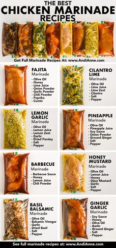 the instructions for how to make chicken marinade with ingredients in bags and labeled on each side