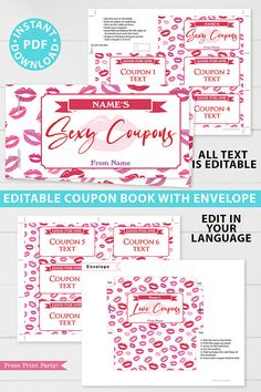 coupon book with envelopes and labels for personalized products, including lipstick printable