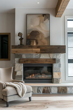 a living room with a fire place and a chair in front of the fireplace that is built into the wall