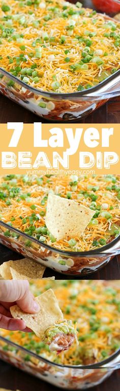 the steps to make a layered bean dip with tortilla chips