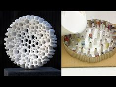 there are two pictures one is made out of plastic bottles and the other has an object with holes in it