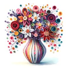 a colorful vase filled with lots of different types of flowers on top of a white surface