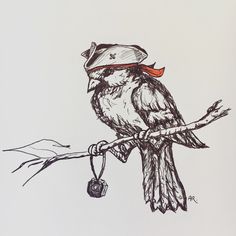 a drawing of a bird with a hat on it's head sitting on a branch