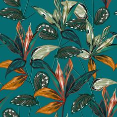 a green and orange flower pattern on a teal background with white, brown, and red flowers