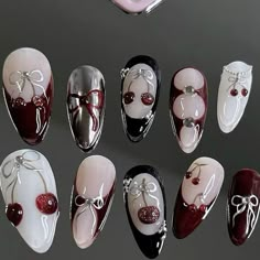 #cateyenails #charms #nails #nailart #nailsofinstagram #naildesign #nailsideas #nailartideas #y2k #trending #aesthetic Vintage Nail Art, Red And White Nails, Medium Almond, Vintage Nails, Cherry Nails, Classy Acrylic Nails, Kawaii Nails