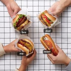 four people holding hotdogs with different toppings on them and labeled in english