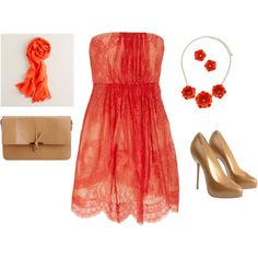 brown shoes with coral dress - Bing Images Lace And Silk Dress, Dress Polyvore, Strapless Dresses, Strapless Lace Dress, Fashionably Late, Red Cocktail, Red Cocktail Dress, Prom Style, I'm With The Band