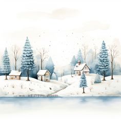 a winter scene with houses and trees in the snow