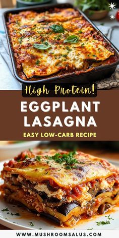 This High Protein Eggplant Lasagna is a perfect low-carb, vegetarian dinner for fall! Packed with hearty eggplant, layers of rich tomato sauce, and cheesy goodness, it's an easy recipe that combines indulgence with nutrition. Whether you're in the mood for a healthy veggie lasagna or looking for a satisfying meatless dinner, this baked eggplant dish delivers! A go-to for anyone seeking a high-protein, low-carb meal, perfect for busy weeknights or cozy fall nights in. Lasagna With Mushrooms, Eggplant Parmesan Easy, Vegan Eggplant Lasagna, Veggie Lasagna Recipe, Lasagna Easy, High Protein Recipes Dinner, Vegan Eggplant, Marinara Sauce Recipe, Eggplant Lasagna