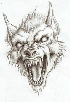 a drawing of a demon's head with its mouth open and teeth wide open