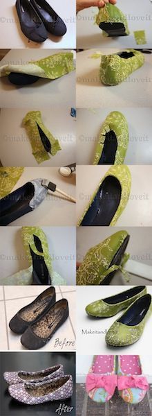 several pictures of different types of shoes being made with fabric and leather, including one for women's slippers