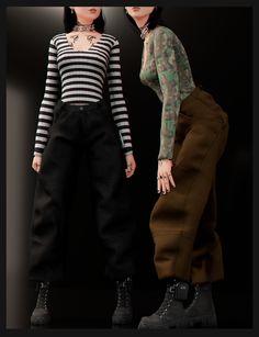 two dolls are standing next to each other wearing black and white striped shirts, brown pants, and combat boots