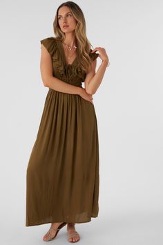 Elegant woven maxi dress that has a deep v-neckline, ruffle detail and solid color wash. O'Neill Women's woven maxi dress 56" In length Bodice ruffles Pin tucks on bodice Tie back detail Solid color wash 100% Viscose Crinkle | O'Neill Women's Nolee Solid Maxi Dress in Military Olive, Size XS, Viscose Capsule Dresses, Capsule Dressing, Earth Tone Dress, Empire Waist Maxi, Solid Maxi Dress, Loungewear Outfits, Maxi Dress For Women, Spring Suit, Loungewear Dresses