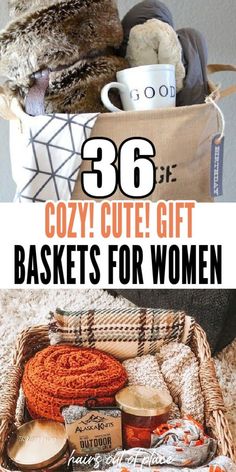 the basket is full of cozy items for women