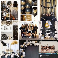 a collage of photos with black, gold and white decorations including balloons in the shape of hearts