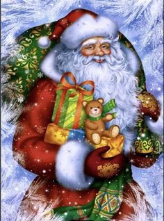 a painting of santa holding presents in his arms