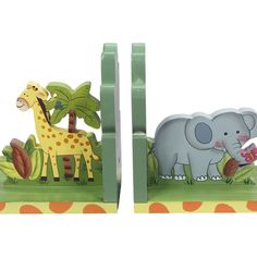 two wooden bookends with animals and trees in the middle one has a giraffe on it