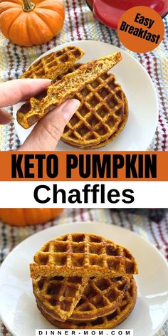 two plates with waffles on them and the words keto pumpkin chaffles