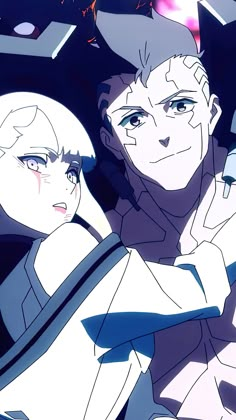 two anime characters standing next to each other in front of a dark background with bright lights