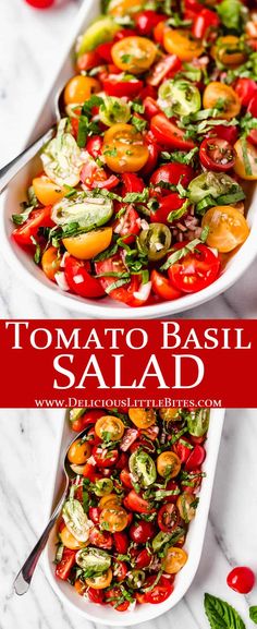 tomato basil salad in two white serving dishes on a marble table with text overlay