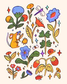 a drawing of flowers and animals on a white background