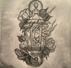 a drawing of a lantern with flowers and leaves on the side, in black ink