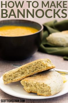 two pieces of bread sitting on top of a white plate next to a bowl of soup