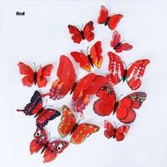 a group of red butterflies on a white background with the words red written below them