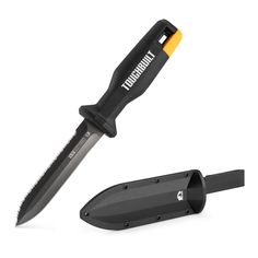 a knife with a black handle and yellow blade on it's end next to a knife