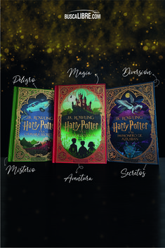 three harry potter books are shown in front of a black background with gold glitters