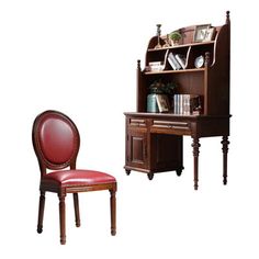 a wooden desk with a red chair next to it and a book case on top