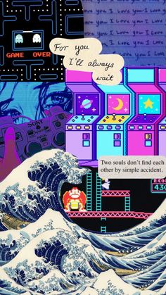 an image of a video game screen with waves in the foreground and words above it