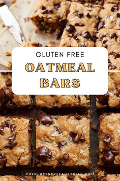 gluten free oatmeal bars stacked on top of each other with chocolate chips