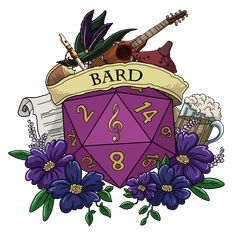 a purple d20 dice surrounded by flowers and music instruments