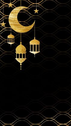 a black and gold background with some lights hanging from it's sides in the shape of a crescent