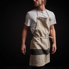 Single Stripe Chef's Apron in Natural/Black | James Perse Los Angeles Aprons For Men, Chef Apron, Half Apron, Belgian Linen, Kitchen Aprons, Linen Apron, Stripes Design, Apron, Chef