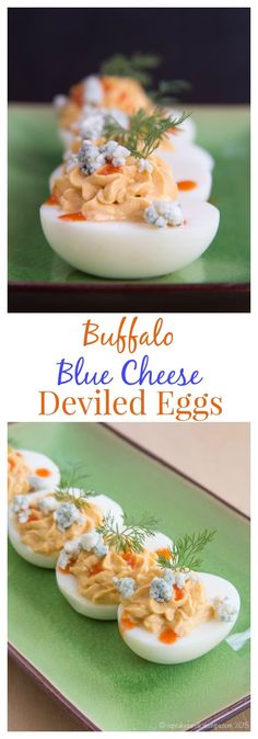 deviled eggs stuffed with buffalo blue cheese are served on a green serving platter