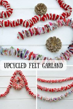 the upcycled felt garland is made with red, white and green yarns