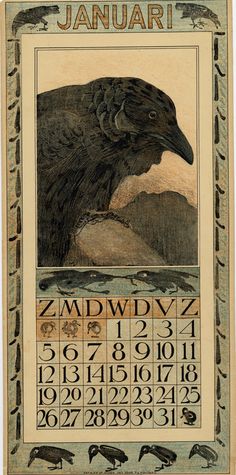 a calendar with an image of a black bird on it's face and numbers in the background