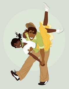 a man and woman are dancing together in an animated style, with one holding the other's back